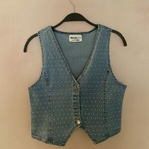 Blue Denim Vest with Polka Dots